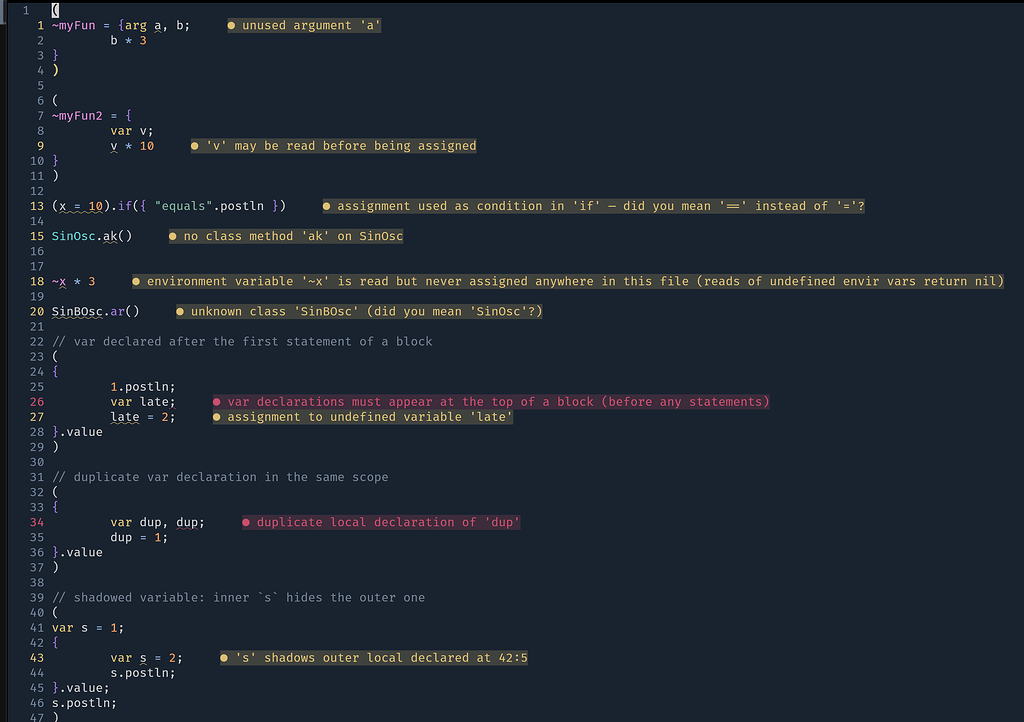 Sclang-lint — a static linter and LSP server for SuperCollider ...